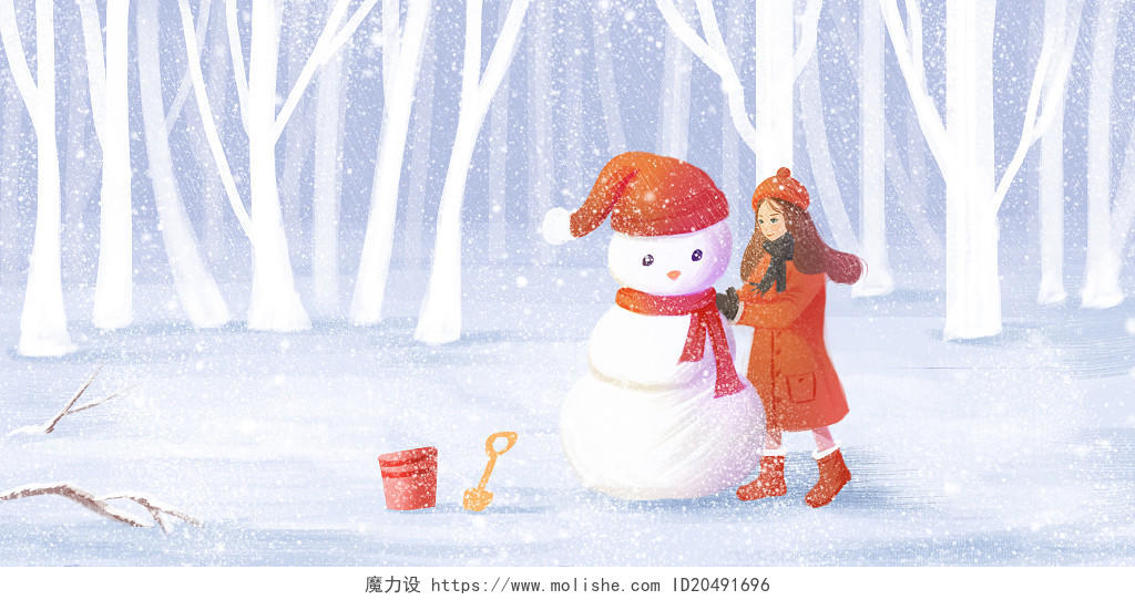 浅蓝色树丛雪地雪人女孩传统节气二十四节气之小寒展板背景